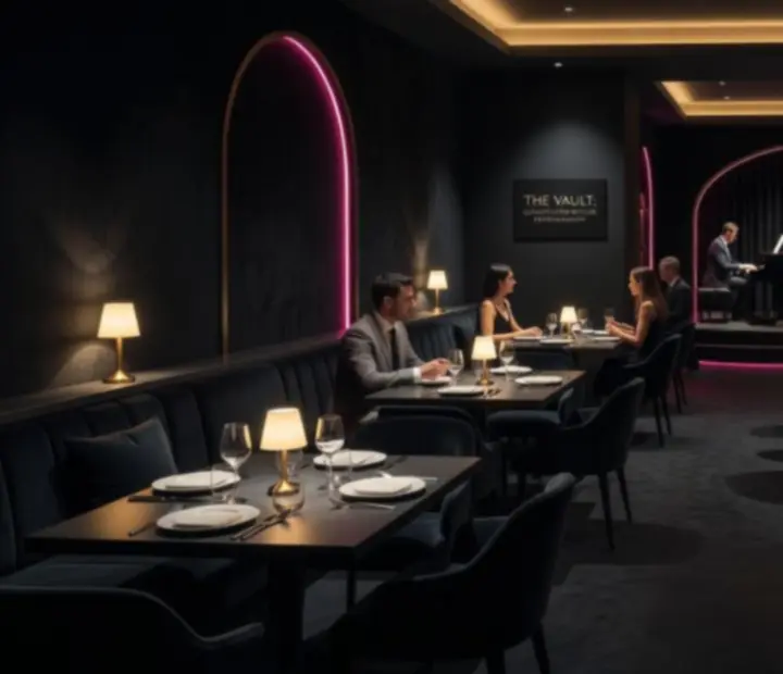 An evening dining room at NAXSOL ENTERPRISES LTD with matte-black finishes and warm golden lighting.