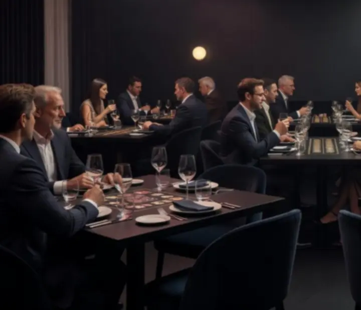Moody, casino-inspired restaurant evening at NAXSOL ENTERPRISES LTD with vivid lighting and elegant tables.