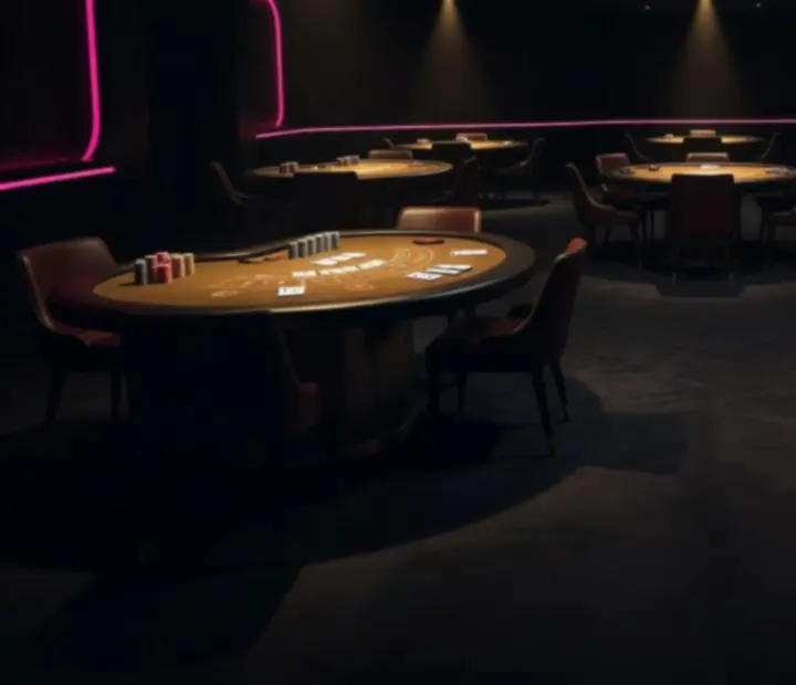 Moody evening lighting over casino-style dining tables at NAXSOL ENTERPRISES LTD