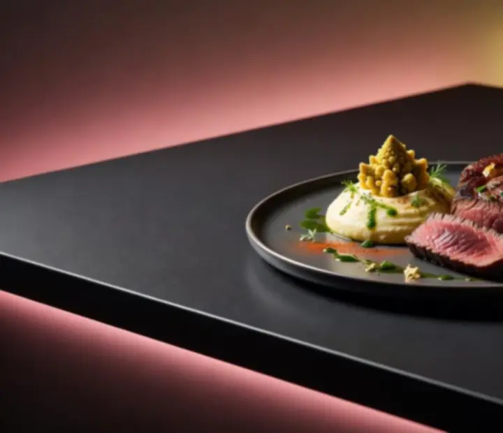 A refined dish plated on a matte-black table under warm, focused lighting.