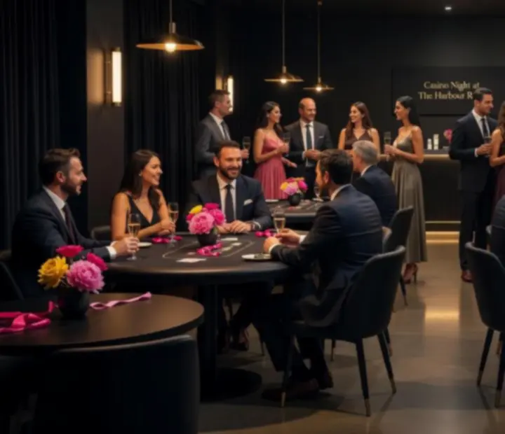 Dimly lit evening restaurant atmosphere at NAXSOL ENTERPRISES LTD with casino-inspired table setups