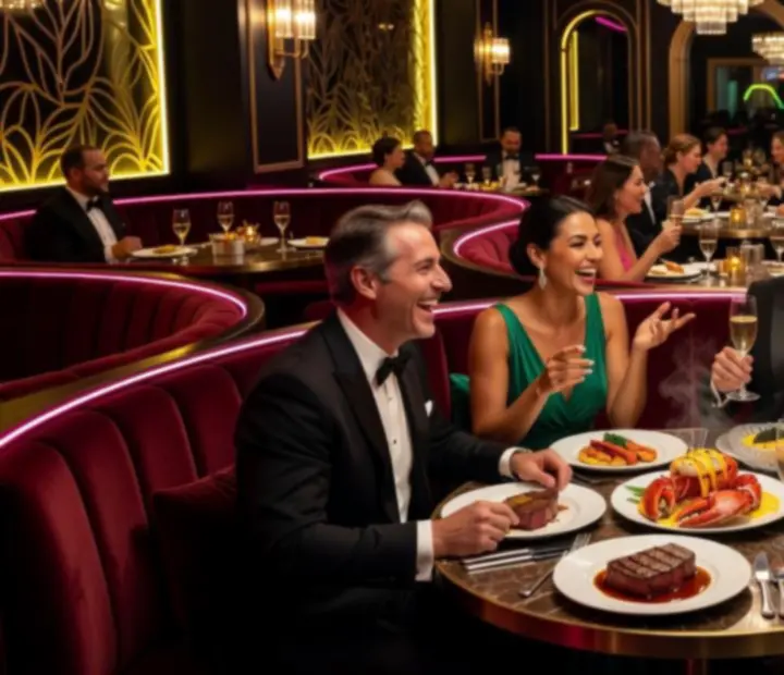 Plates and glasses captured mid-evening in a casino-inspired dining setting.