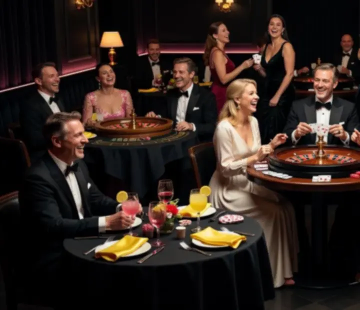 Guests enjoying an offline casino-themed dinner together