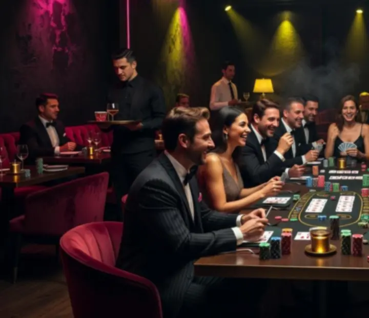Moody evening lighting over a matte-black restaurant interior