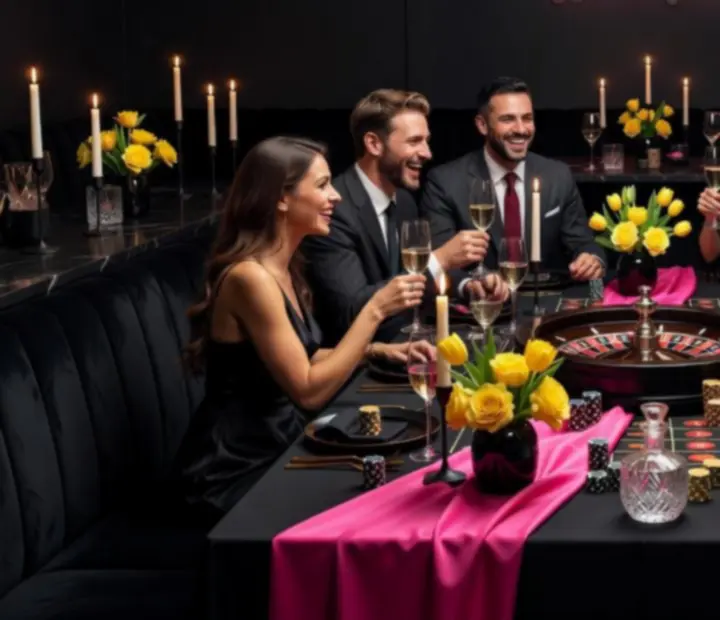 Private dining room at NAXSOL ENTERPRISES LTD with matte-black tables, candlelight, and casino-themed accents