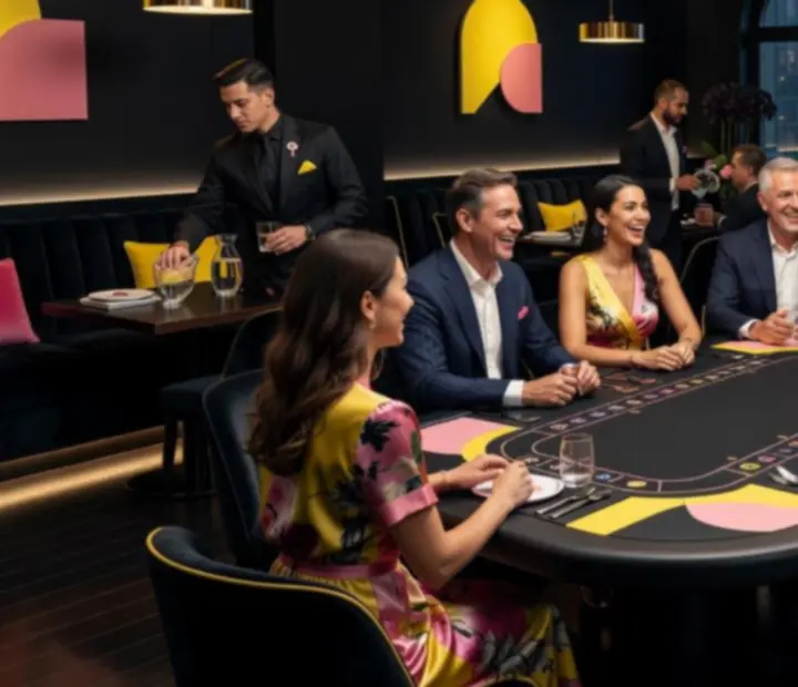 Guests around a themed table, hands poised over cards and chips in a softly lit room.