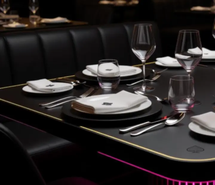 Neatly arranged poker and dining tables under warm evening lighting