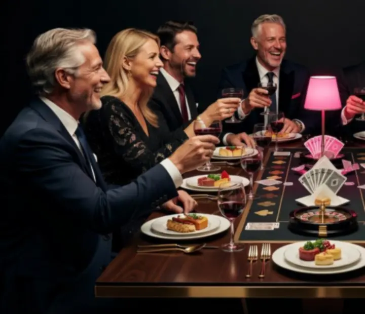 Guests enjoying an offline casino-inspired dining experience at NAXSOL ENTERPRISES LTD after dark.
