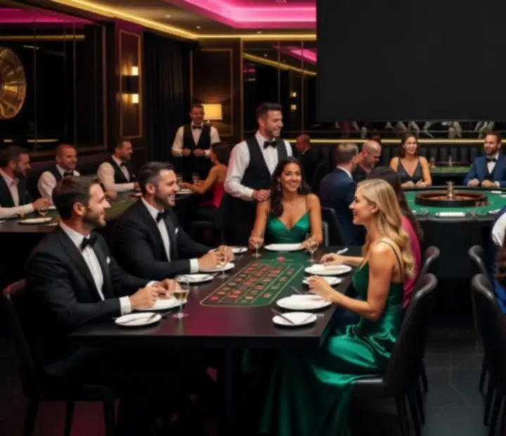 Atmospheric evening dining room with glowing casino-themed tables at NAXSOL ENTERPRISES LTD