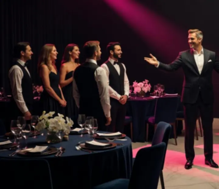 Host guiding the mood and lighting in a dark, atmospheric casino-style dining room