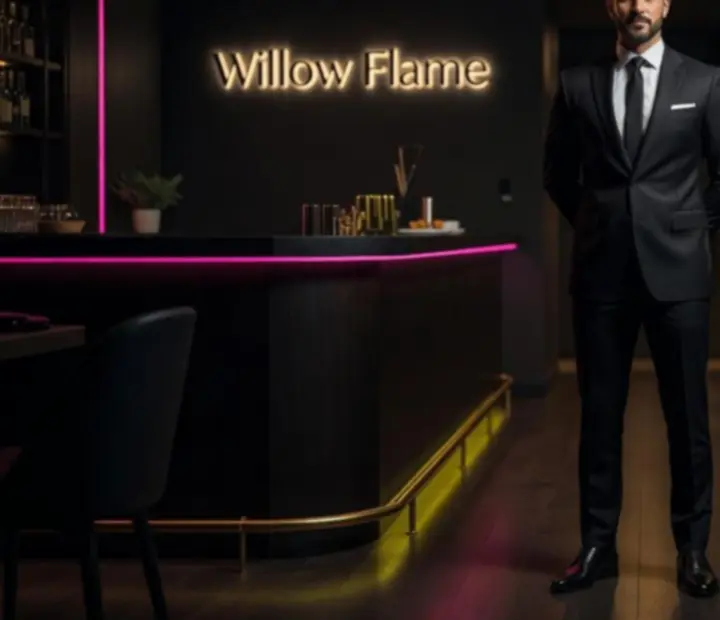 Host welcoming guests into a dimly lit casino-inspired dining room at NAXSOL ENTERPRISES LTD